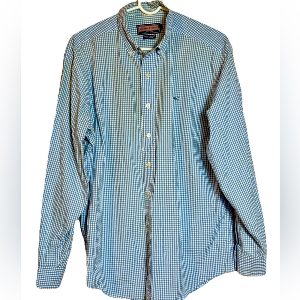 Vineyard Vines Men’s Medium Whale Shirt Blue White Gingham Check 100% Cotton